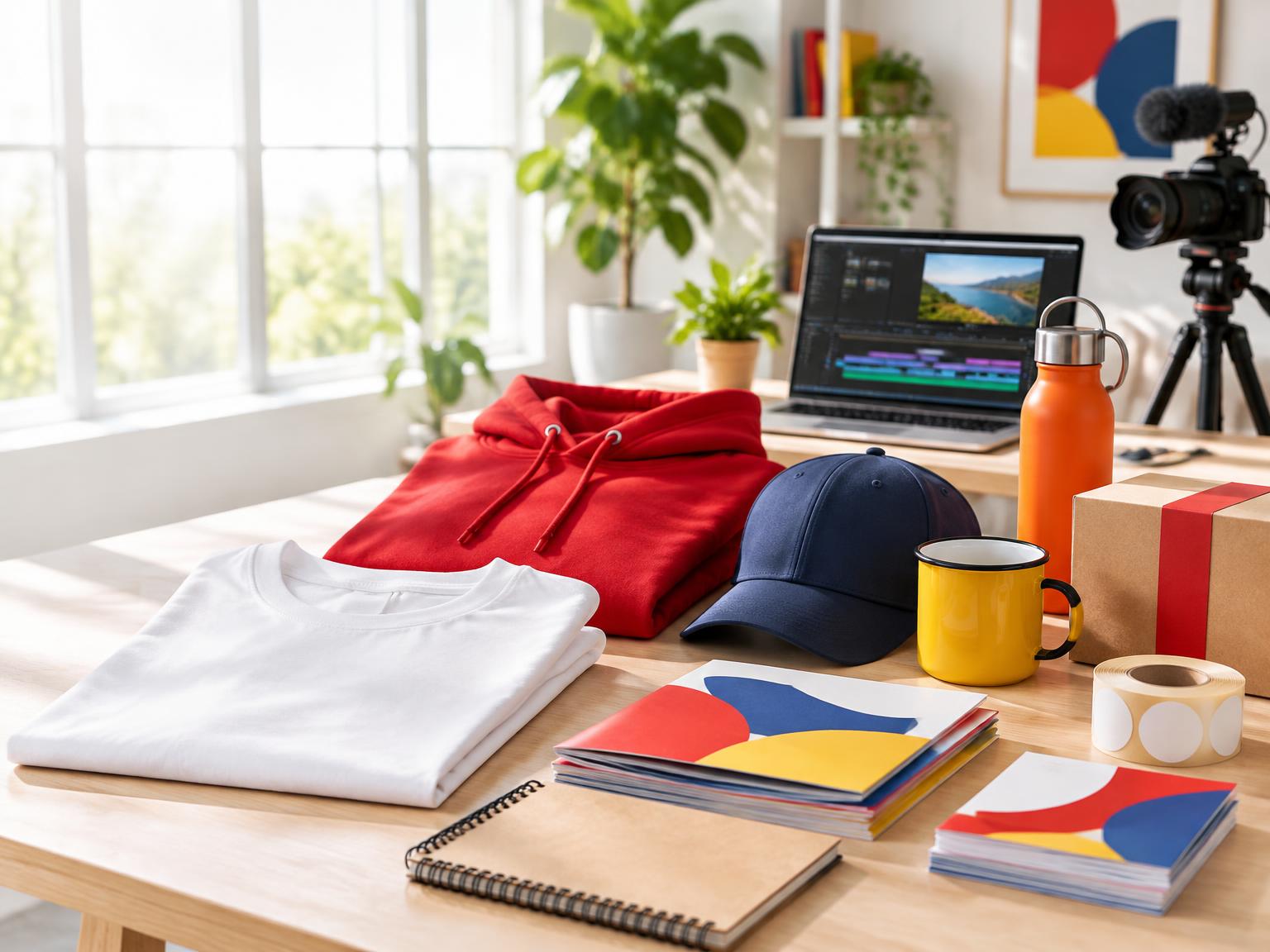 Bright studio table with promotional merchandise, printed brochures and media production equipment